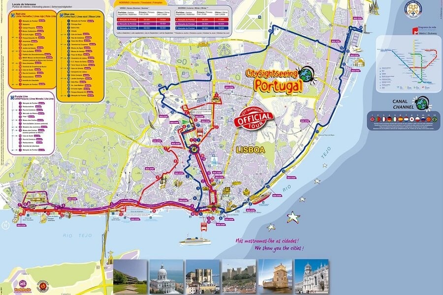 Mapa do Passeio de ônibus turístico em Lisboa