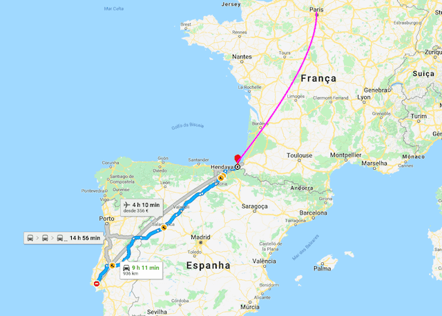 Mapa do trajeto de Lisboa a Paris em trem