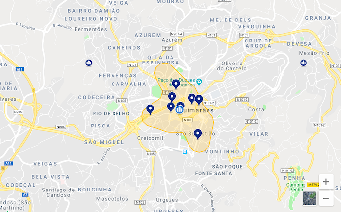 Mapa da melhor região de Guimarães: centro