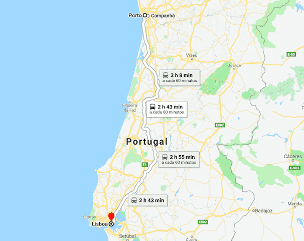 Mapa viagem de trem do Porto a Lisboa