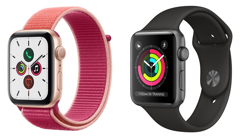 Apple Watch Series 5 em rosa e Apple Watch Series 3 em preto